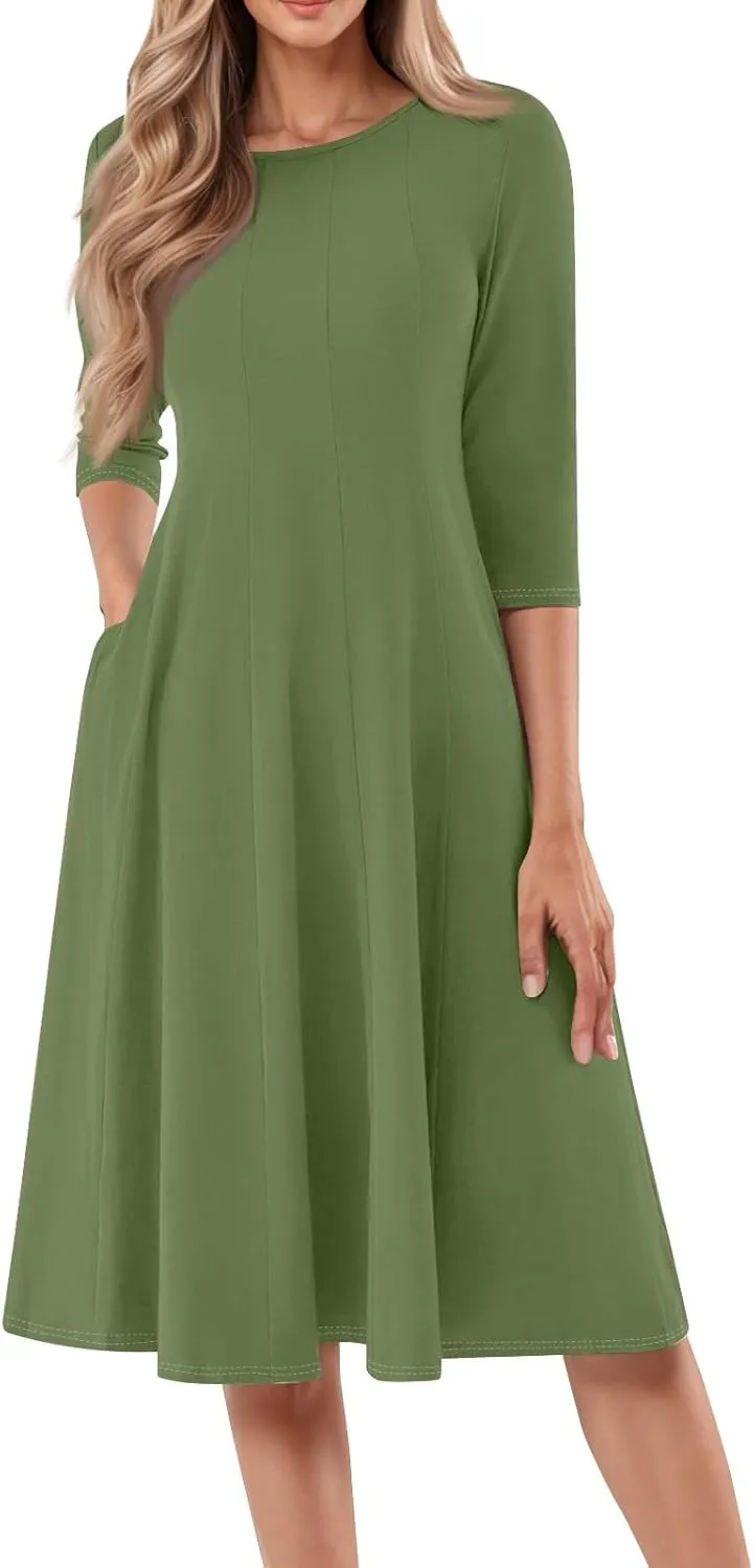 Women's 3/4 Sleeve A-line and Flare Midi Long Dress 2025 Spring Summer Casual Modest Petite Dresses