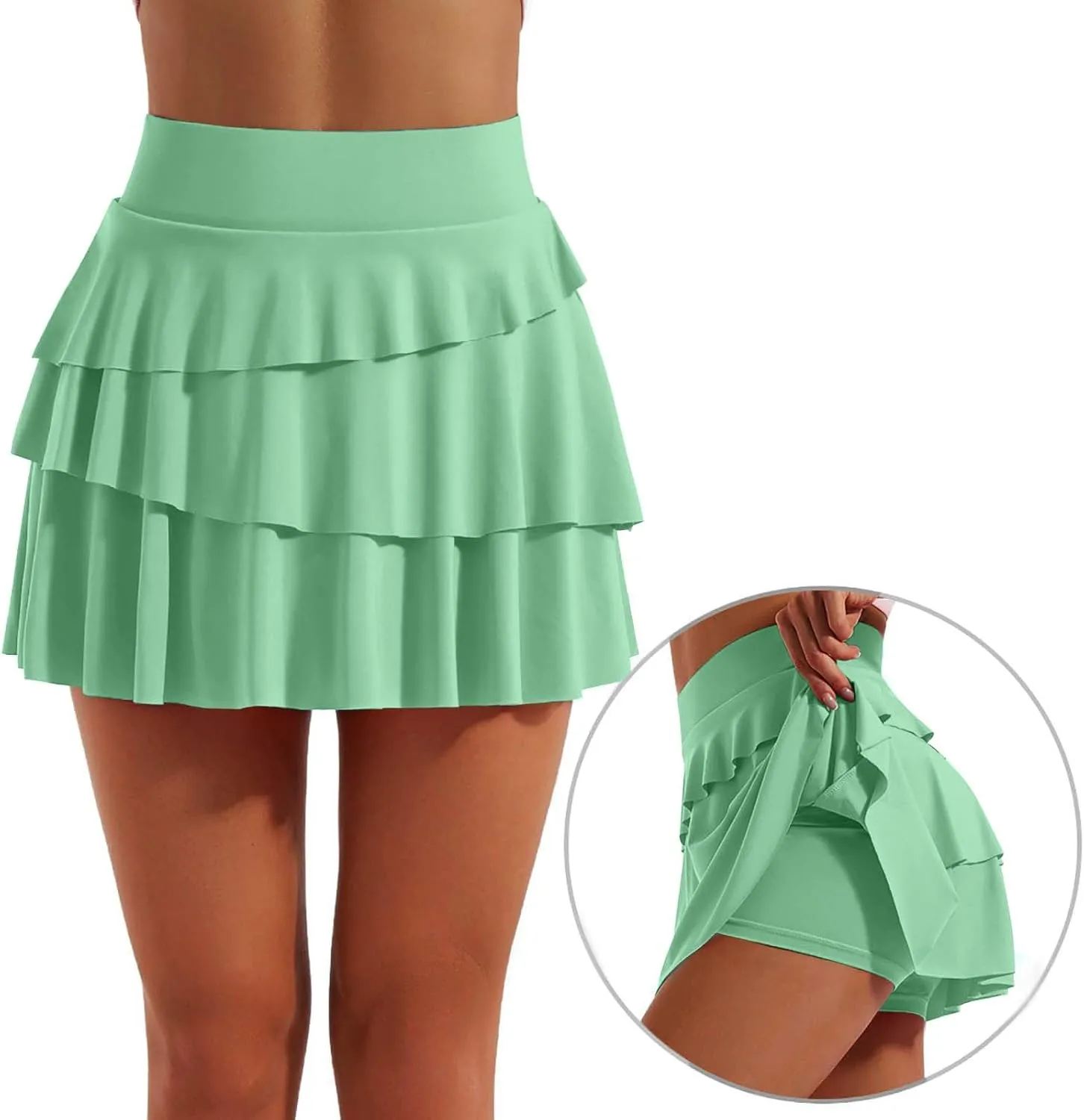 Women's Basic Versatile Stretchy Tiered Pleated Flared Mini Skater Skirt with Shorts, S-2XL