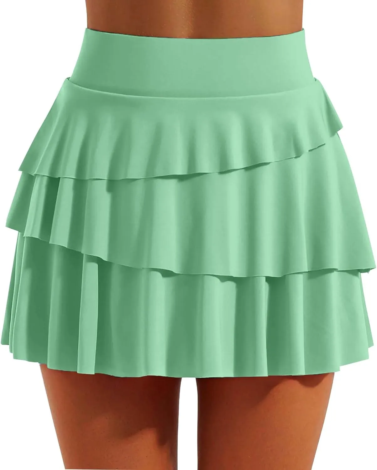 Women's Basic Versatile Stretchy Tiered Pleated Flared Mini Skater Skirt with Shorts, S-2XL