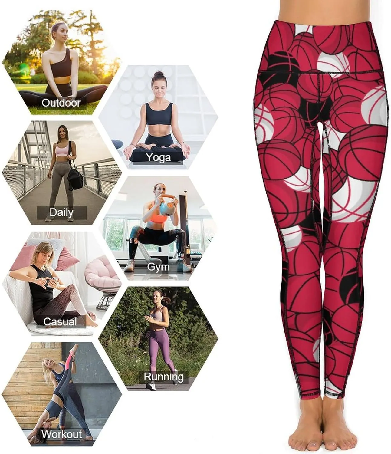 Women's Basketball High Waist Yoga Leggings with 2 Pockets Tummy Control Workout Yoga Pants