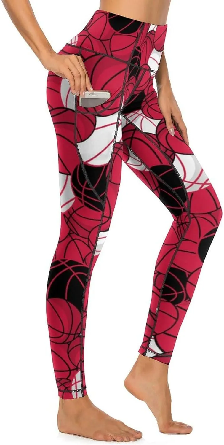 Women's Basketball High Waist Yoga Leggings with 2 Pockets Tummy Control Workout Yoga Pants