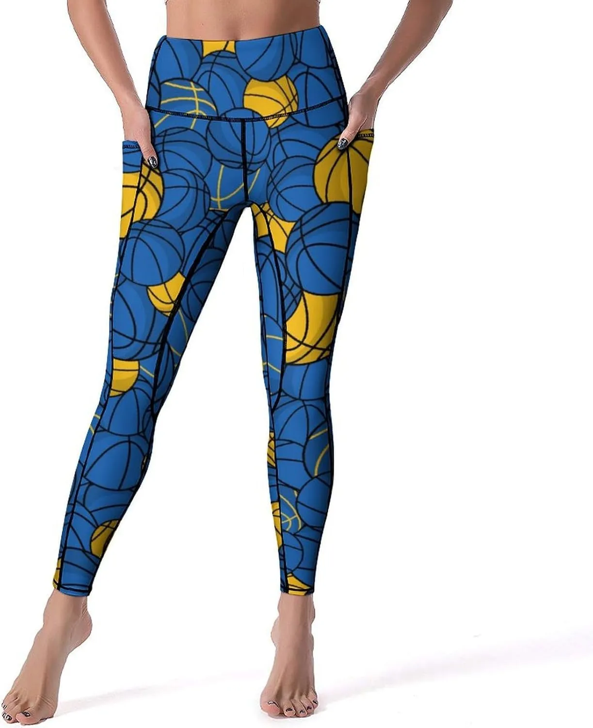 Women's Basketball High Waist Yoga Leggings with 2 Pockets Tummy Control Workout Yoga Pants
