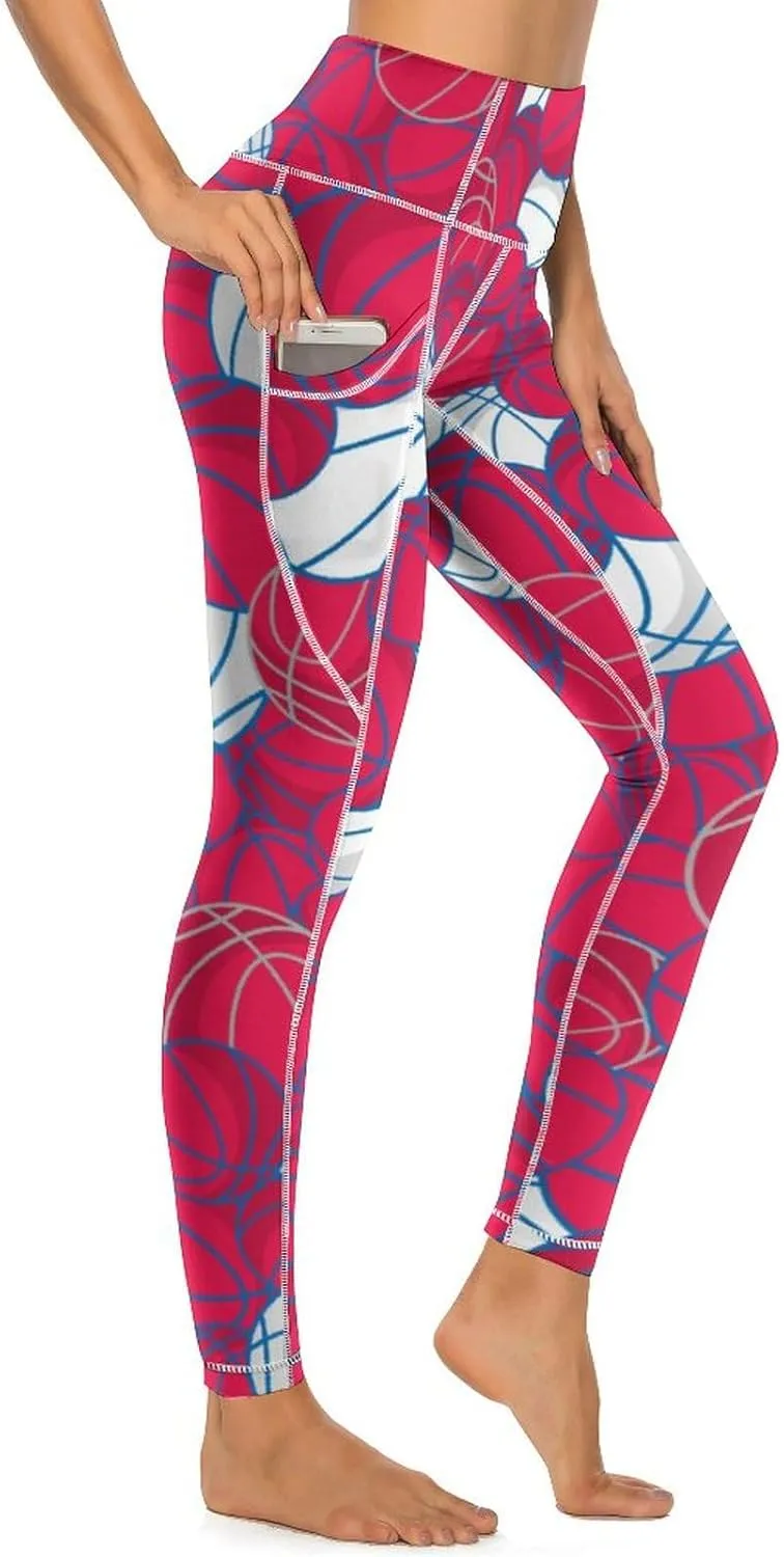 Women's Basketball High Waist Yoga Leggings with 2 Pockets Tummy Control Workout Yoga Pants