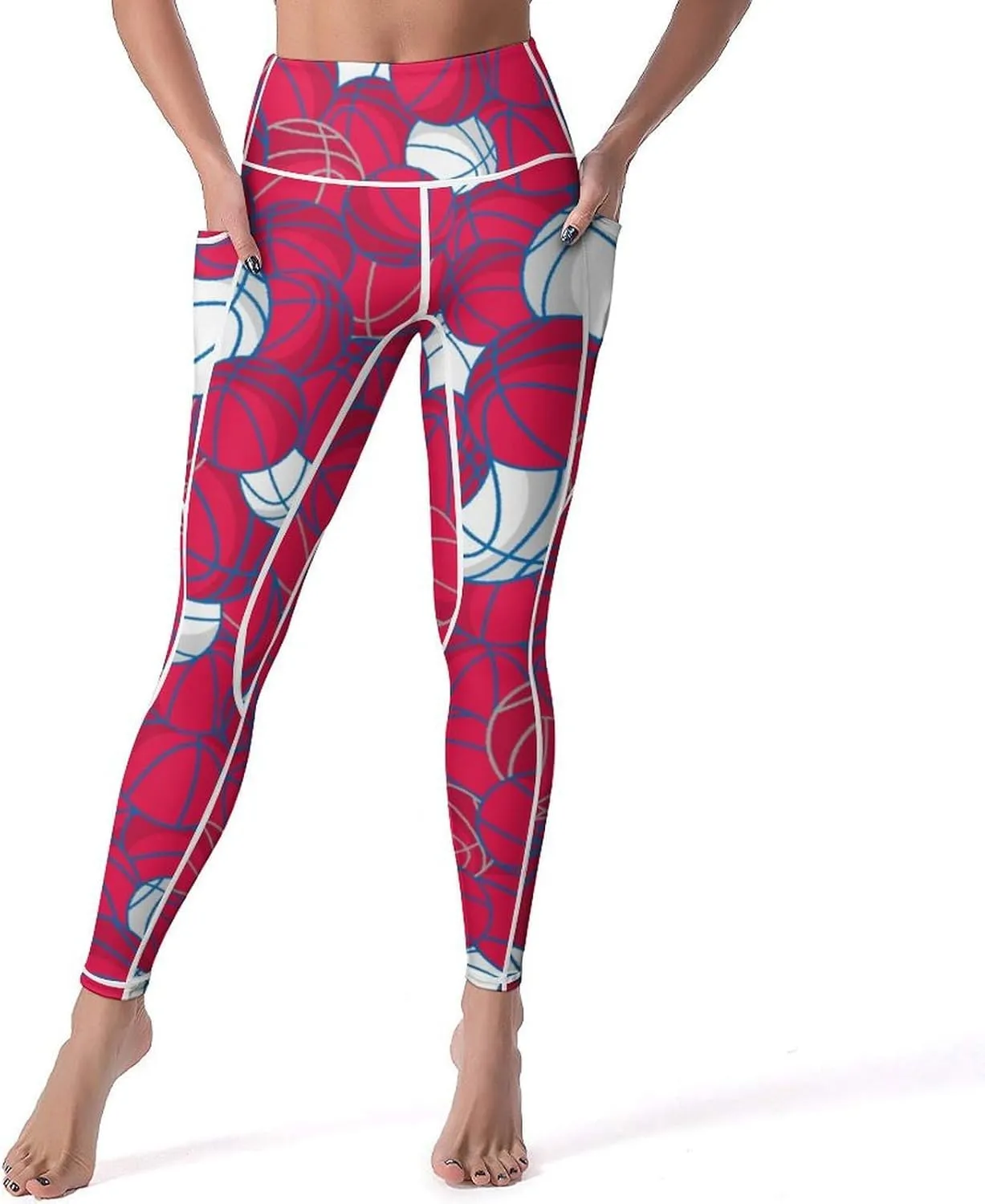 Women's Basketball High Waist Yoga Leggings with 2 Pockets Tummy Control Workout Yoga Pants