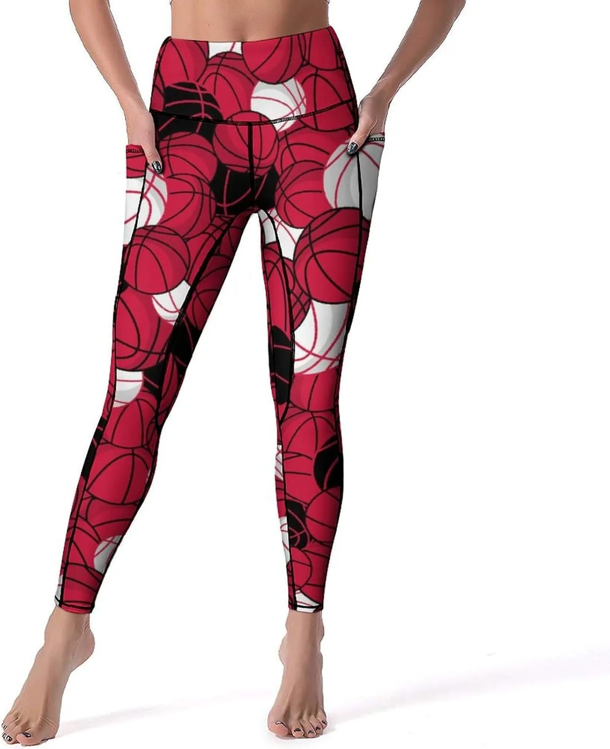 Women's Basketball High Waist Yoga Leggings with 2 Pockets Tummy Control Workout Yoga Pants