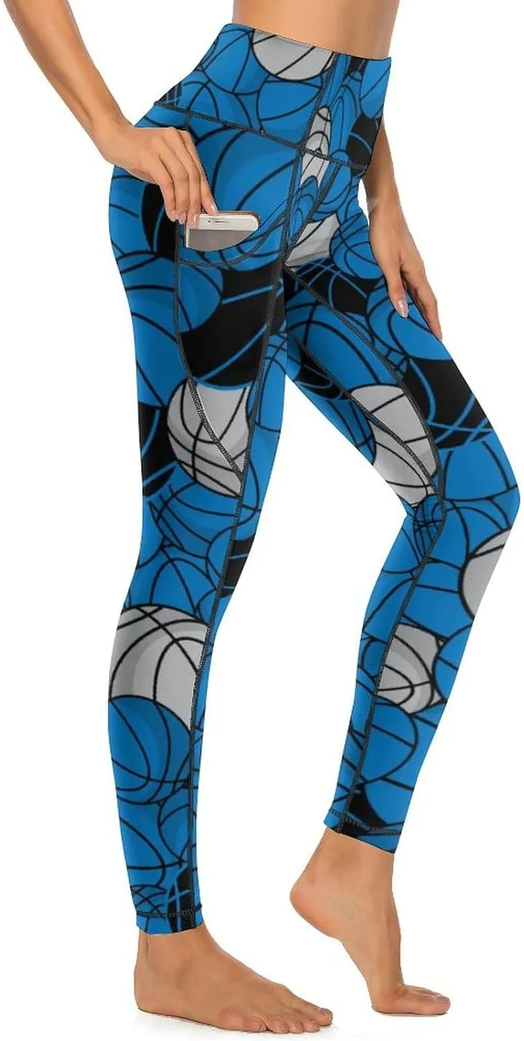 Women's Basketball High Waist Yoga Leggings with 2 Pockets Tummy Control Workout Yoga Pants
