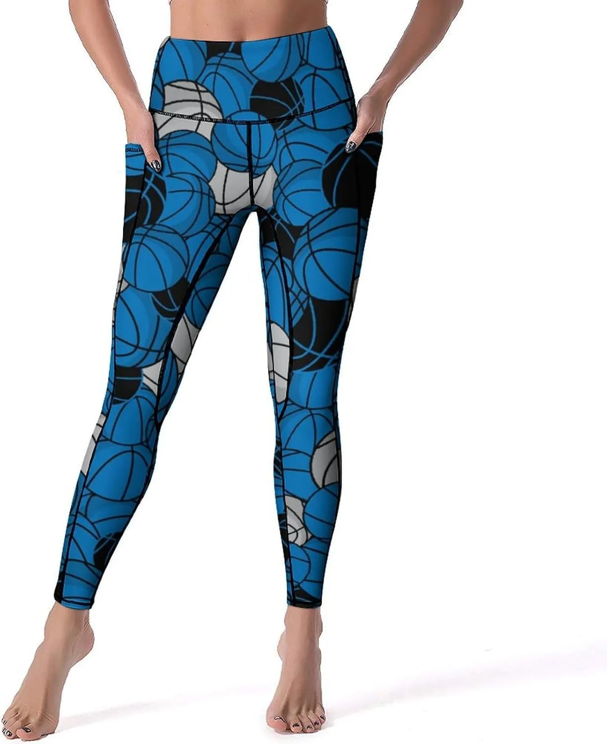Women's Basketball High Waist Yoga Leggings with 2 Pockets Tummy Control Workout Yoga Pants