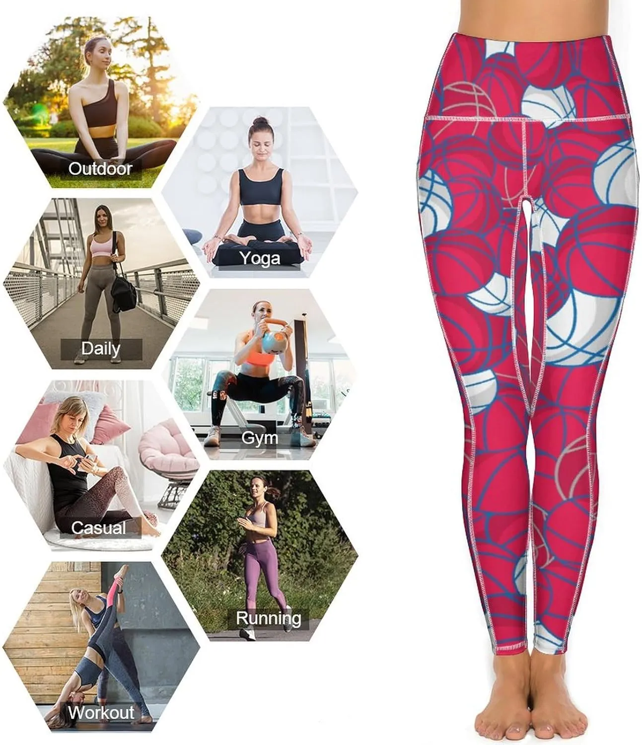 Women's Basketball High Waist Yoga Leggings with 2 Pockets Tummy Control Workout Yoga Pants