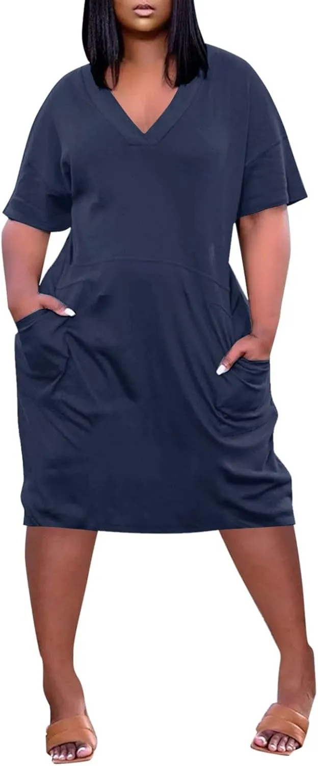Women's Beach Dress Plus Size Summer V Neck Short Sleeve Knee Pocket Soild Color Casual Dress Casual Dresses