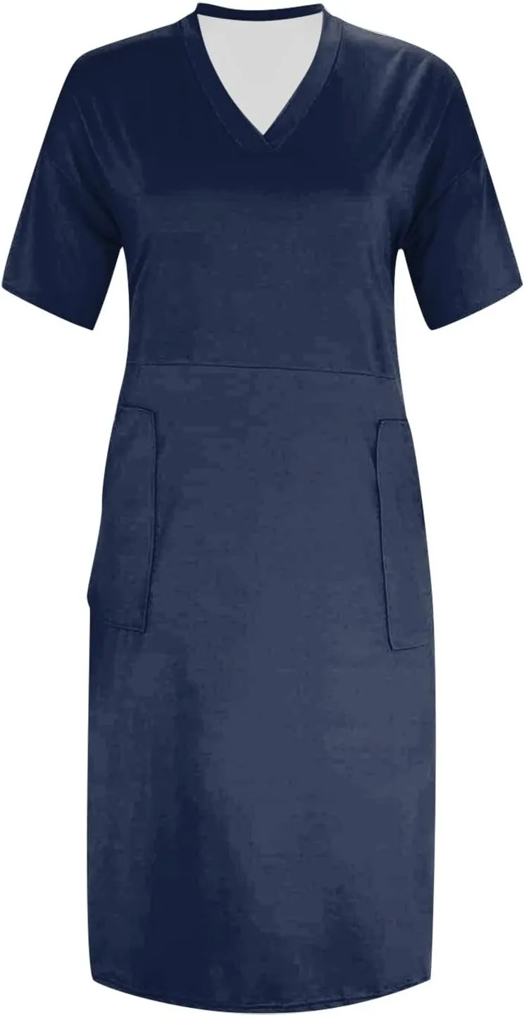 Women's Beach Dress Plus Size Summer V Neck Short Sleeve Knee Pocket Soild Color Casual Dress Casual Dresses