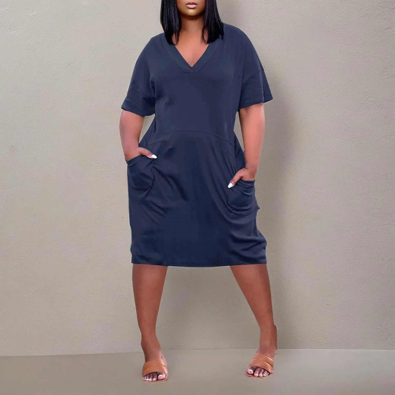 Women's Beach Dress Plus Size Summer V Neck Short Sleeve Knee Pocket Soild Color Casual Dress Casual Dresses