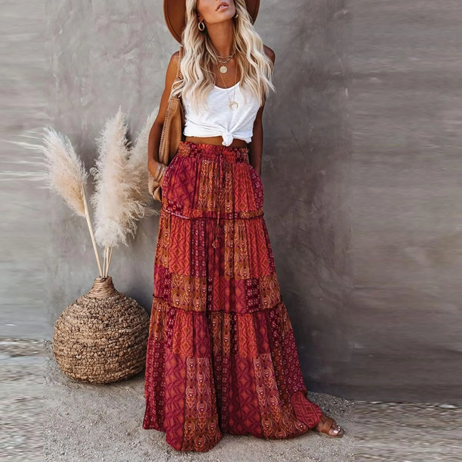 Women's Boho Maxi Skirts Floral Printed Summer Pleated Flowy A-Line Skirt High Waist Casual Long Skirts with Pockets