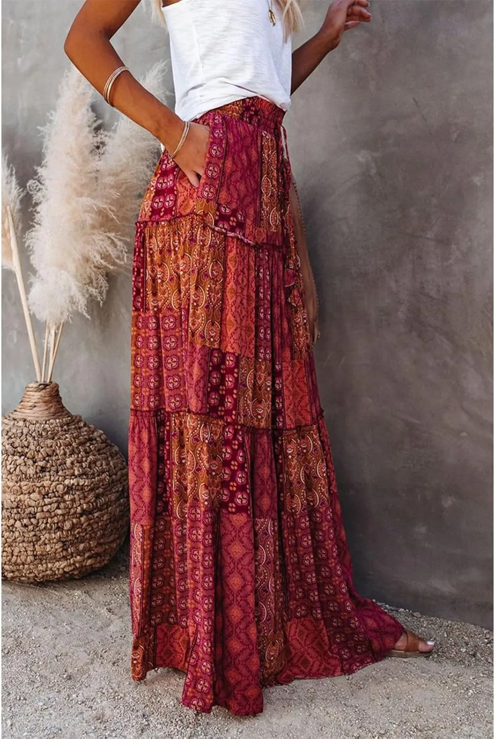 Women's Boho Maxi Skirts Floral Printed Summer Pleated Flowy A-Line Skirt High Waist Casual Long Skirts with Pockets