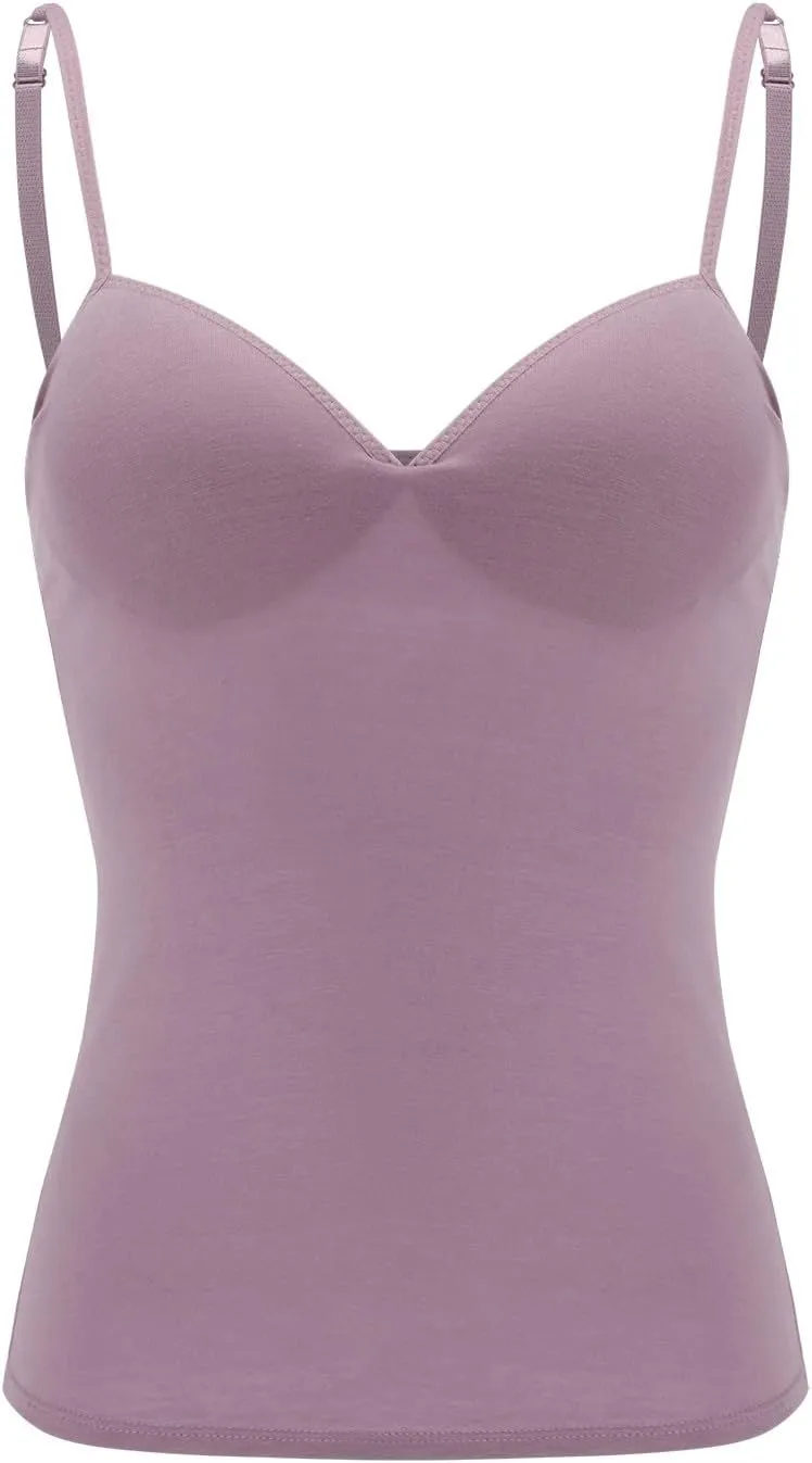 Womens Camisole Tank Tops V Neck Built in Bra Tank Tops Casual Adjustable Spaghetti Strap Camisole Padded Tops