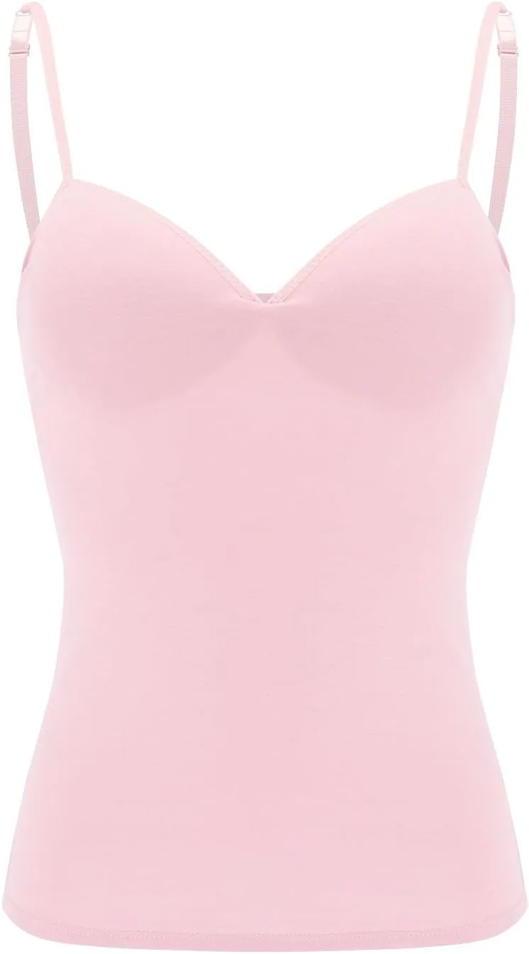 Womens Camisole Tank Tops V Neck Built in Bra Tank Tops Casual Adjustable Spaghetti Strap Camisole Padded Tops