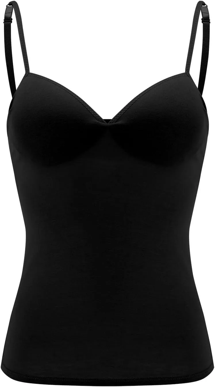 Womens Camisole Tank Tops V Neck Built in Bra Tank Tops Casual Adjustable Spaghetti Strap Camisole Padded Tops