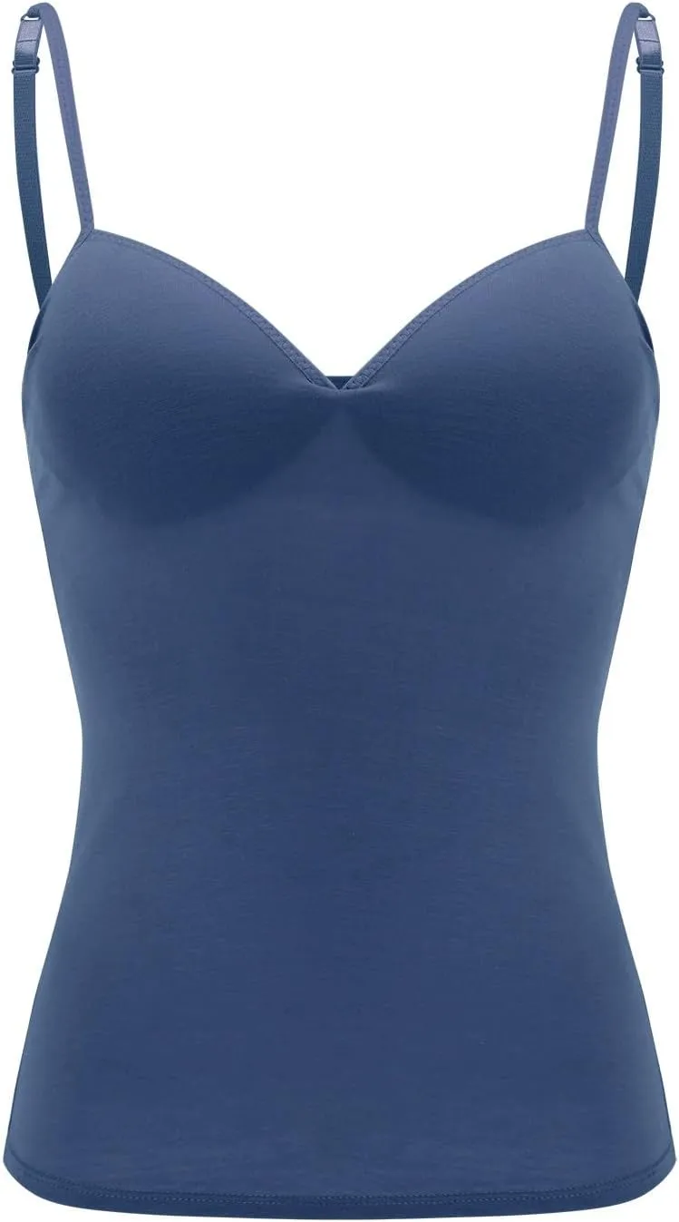 Womens Camisole Tank Tops V Neck Built in Bra Tank Tops Casual Adjustable Spaghetti Strap Camisole Padded Tops