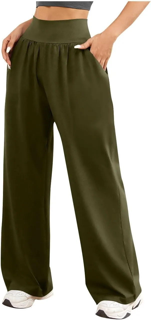 Womens Casual High Waist Elastic Yoga Pants Solid Color Straight Wide Leg Sports Pants Fashion Loose Fit Trousers