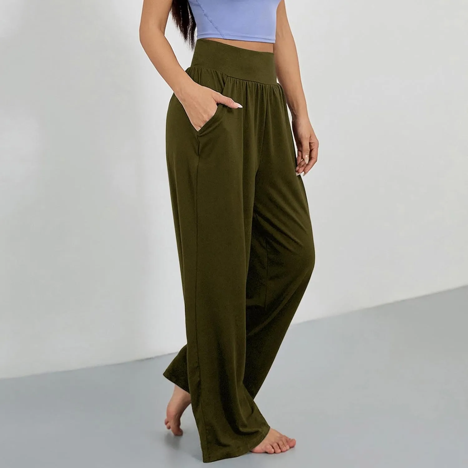 Womens Casual High Waist Elastic Yoga Pants Solid Color Straight Wide Leg Sports Pants Fashion Loose Fit Trousers