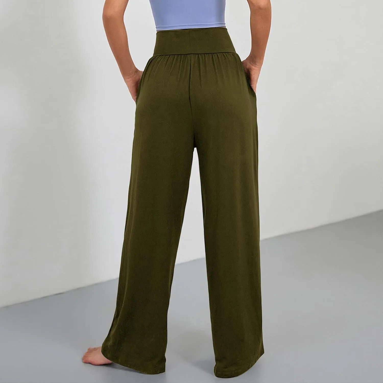 Womens Casual High Waist Elastic Yoga Pants Solid Color Straight Wide Leg Sports Pants Fashion Loose Fit Trousers