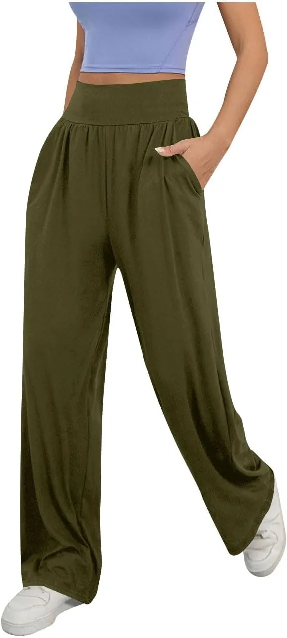 Womens Casual High Waist Elastic Yoga Pants Solid Color Straight Wide Leg Sports Pants Fashion Loose Fit Trousers
