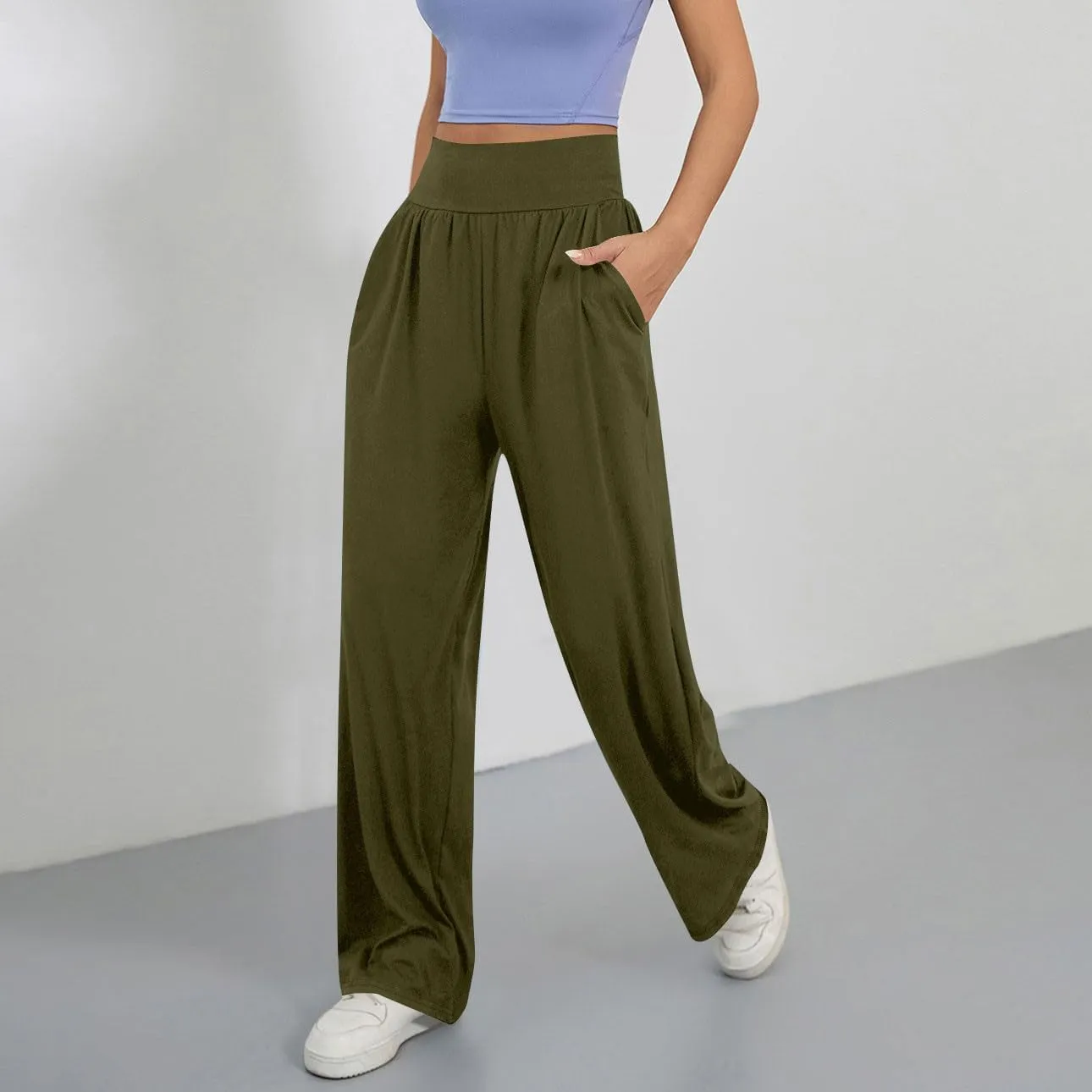 Womens Casual High Waist Elastic Yoga Pants Solid Color Straight Wide Leg Sports Pants Fashion Loose Fit Trousers