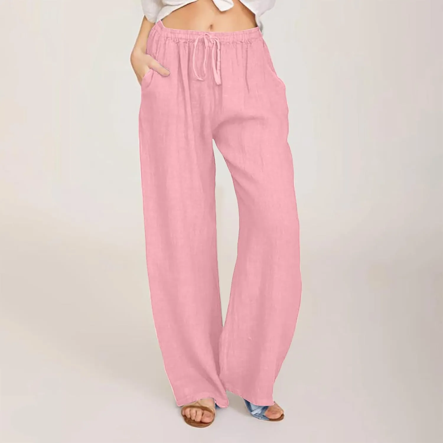 Women's Cotton Linen Drawstring High Waisted Pants Casual Loose Wide Leg Trousers Work Business Casual Slacks Clothes
