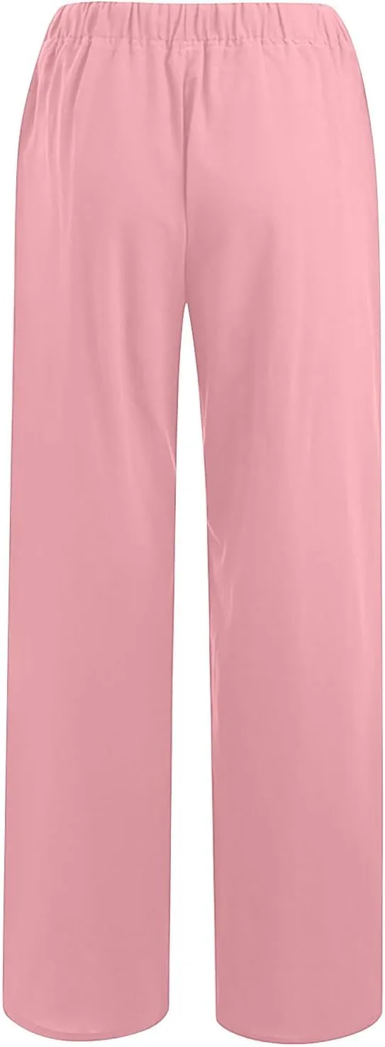 Women's Cotton Linen Drawstring High Waisted Pants Casual Loose Wide Leg Trousers Work Business Casual Slacks Clothes