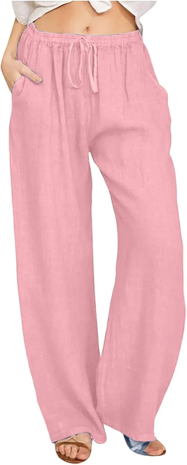 Women's Cotton Linen Drawstring High Waisted Pants Casual Loose Wide Leg Trousers Work Business Casual Slacks Clothes