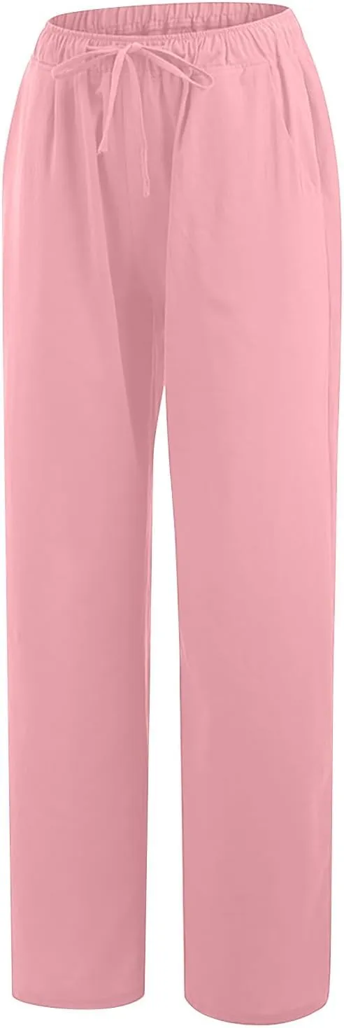 Women's Cotton Linen Drawstring High Waisted Pants Casual Loose Wide Leg Trousers Work Business Casual Slacks Clothes