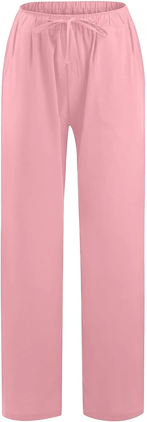 Women's Cotton Linen Drawstring High Waisted Pants Casual Loose Wide Leg Trousers Work Business Casual Slacks Clothes
