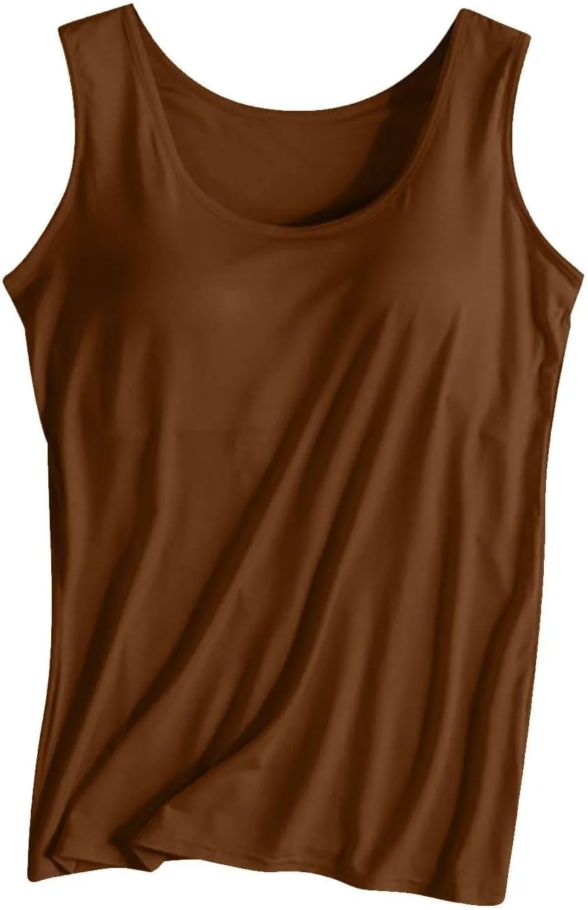 Women's Cotton Plus Size Tank Tops with Built in Bra Solid Color Wide Strap Camisole Top with Shelf Bras