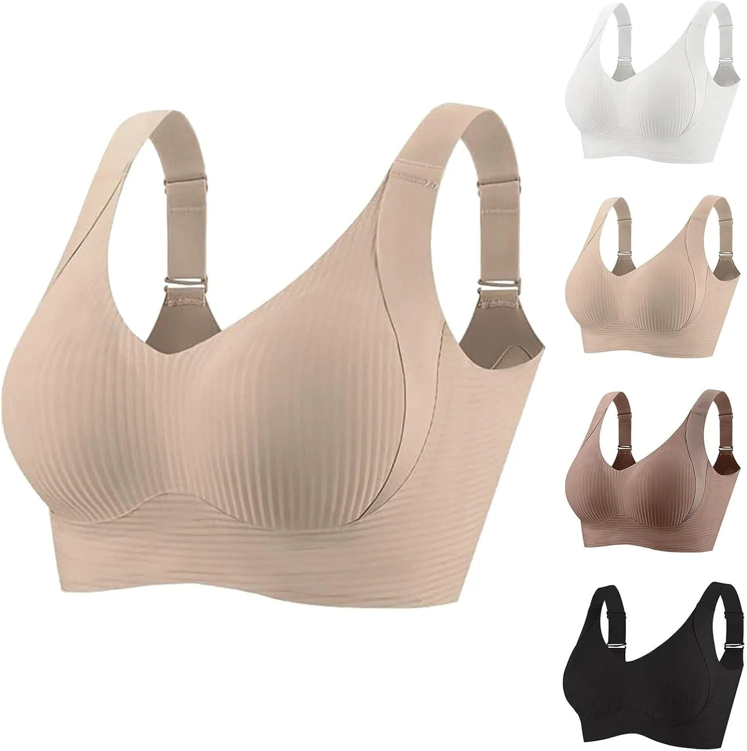 Womens Four Rows Adjustable Bras Cozy Ribbed Wireless Sports Bras Plus Size Full Coverage Solid Color Activities Bra