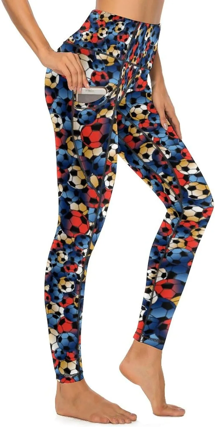 Women's High Waist Yoga Pants Soccer Leggings with 2 Pockets Tummy Control Yoga Pants