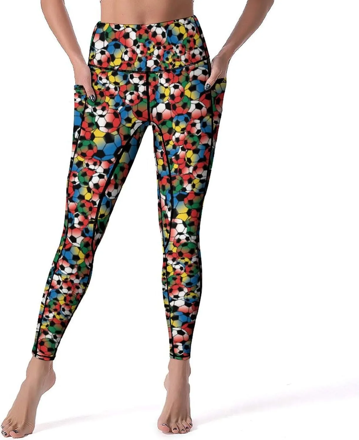 Women's High Waist Yoga Pants Soccer Leggings with 2 Pockets Tummy Control Yoga Pants