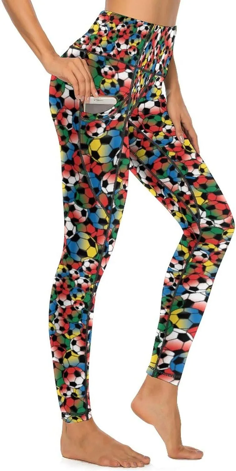 Women's High Waist Yoga Pants Soccer Leggings with 2 Pockets Tummy Control Yoga Pants