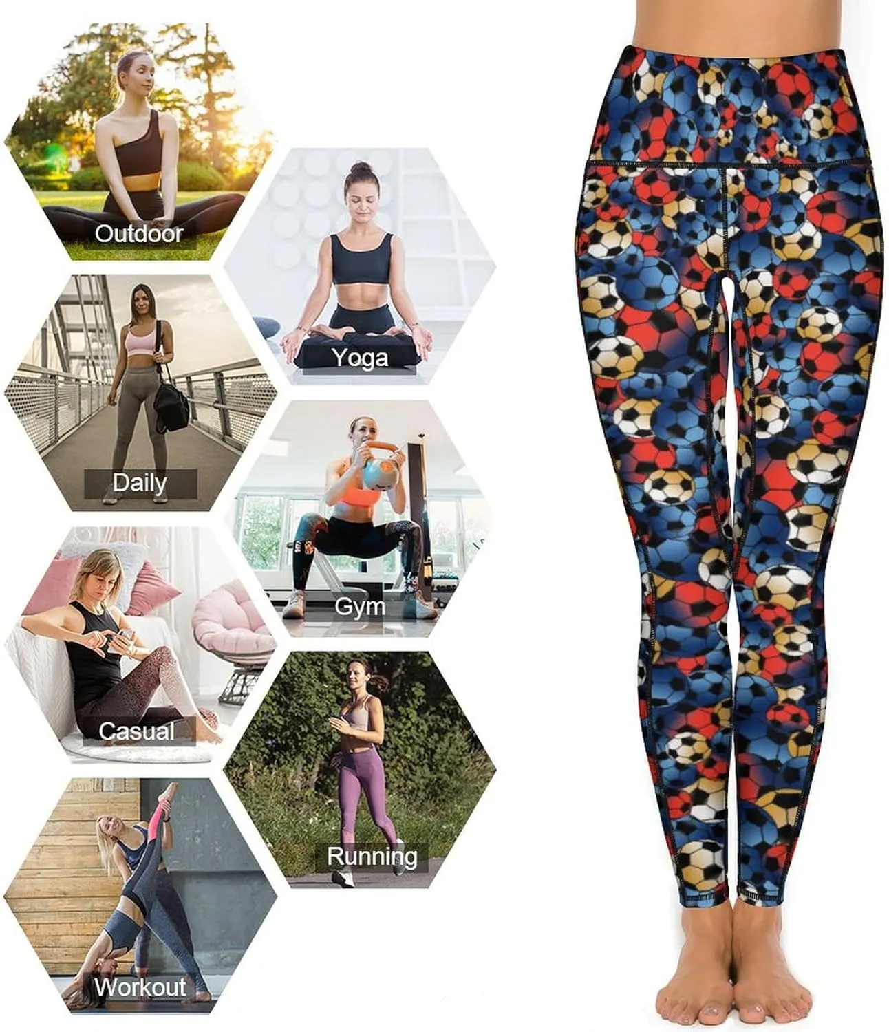Women's High Waist Yoga Pants Soccer Leggings with 2 Pockets Tummy Control Yoga Pants