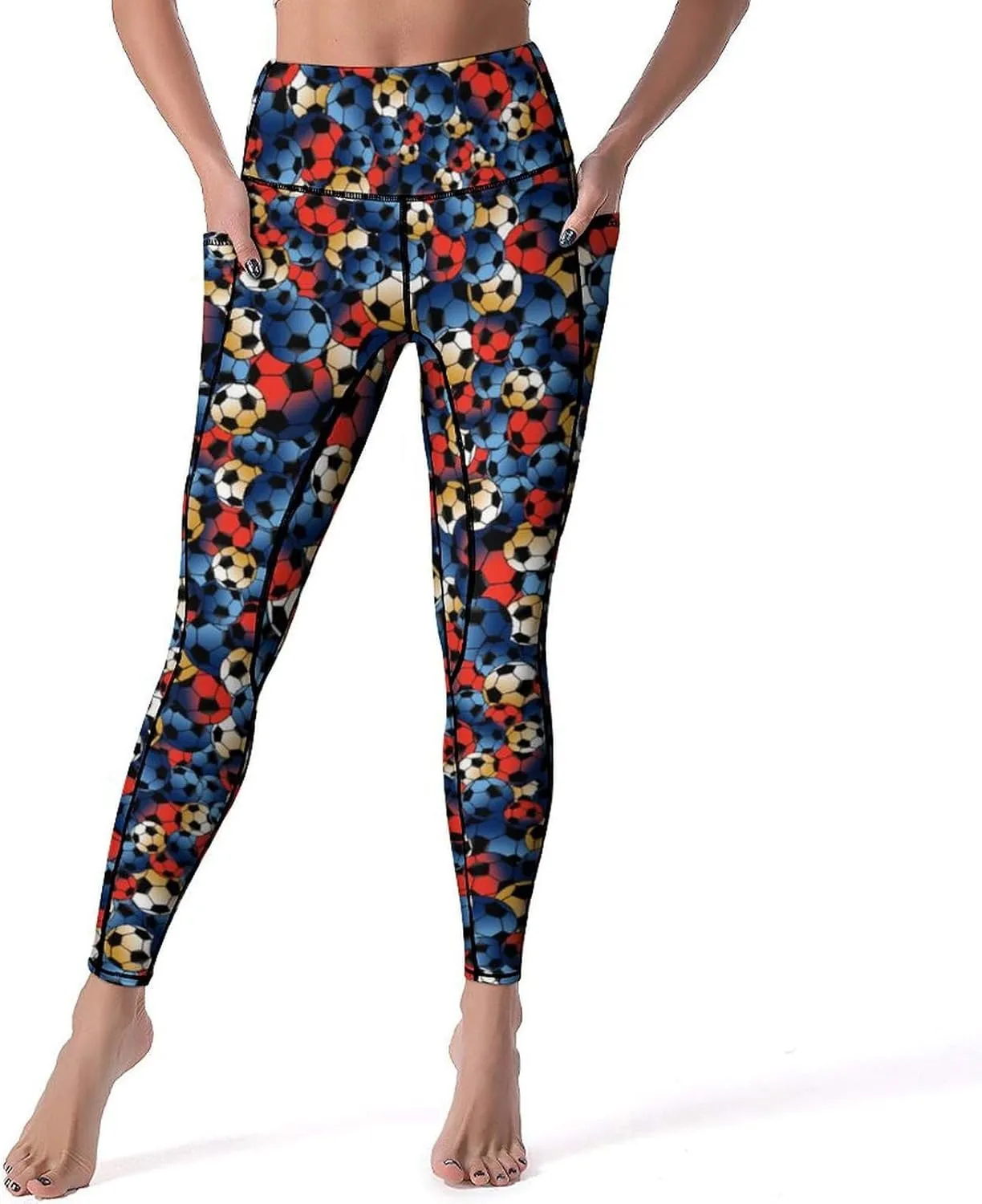 Women's High Waist Yoga Pants Soccer Leggings with 2 Pockets Tummy Control Yoga Pants