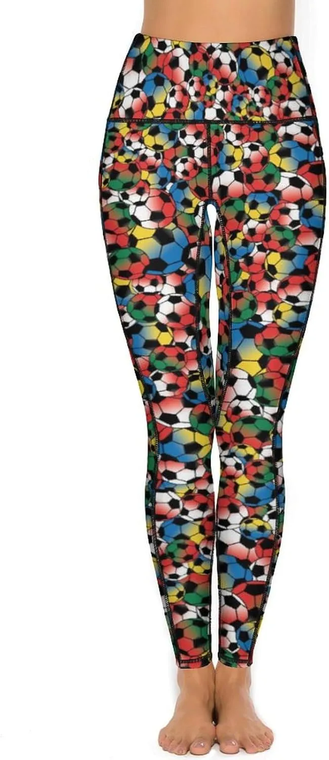 Women's High Waist Yoga Pants Soccer Leggings with 2 Pockets Tummy Control Yoga Pants