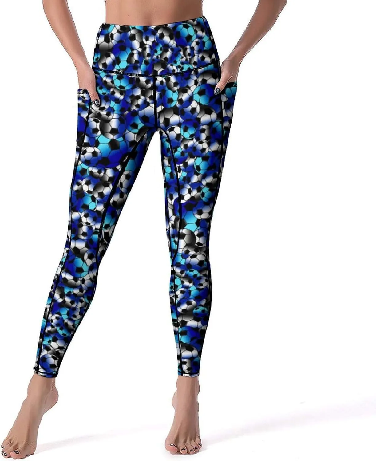 Women's High Waist Yoga Pants Soccer Leggings with 2 Pockets Tummy Control Yoga Pants