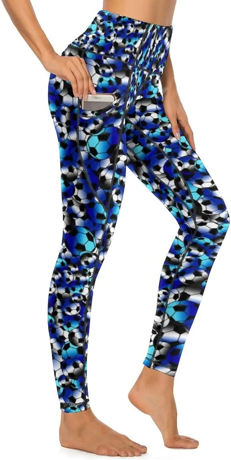 Women's High Waist Yoga Pants Soccer Leggings with 2 Pockets Tummy Control Yoga Pants