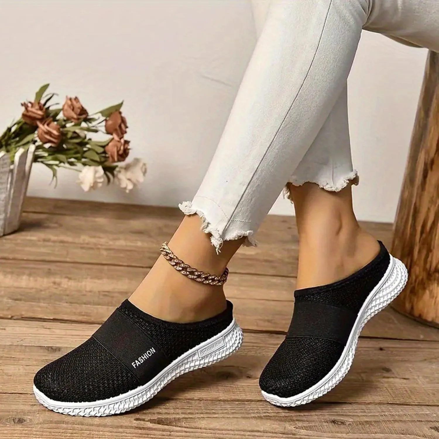 Women's Knitted Mesh Flat Mules Breathable Non-Slip Soft Soles Comfort Slip-on Slippers Open Back Shoes Closed Toe Wide Width Clogs Air Cushion Orthopedic Diabetic with Arch-Support Sandals