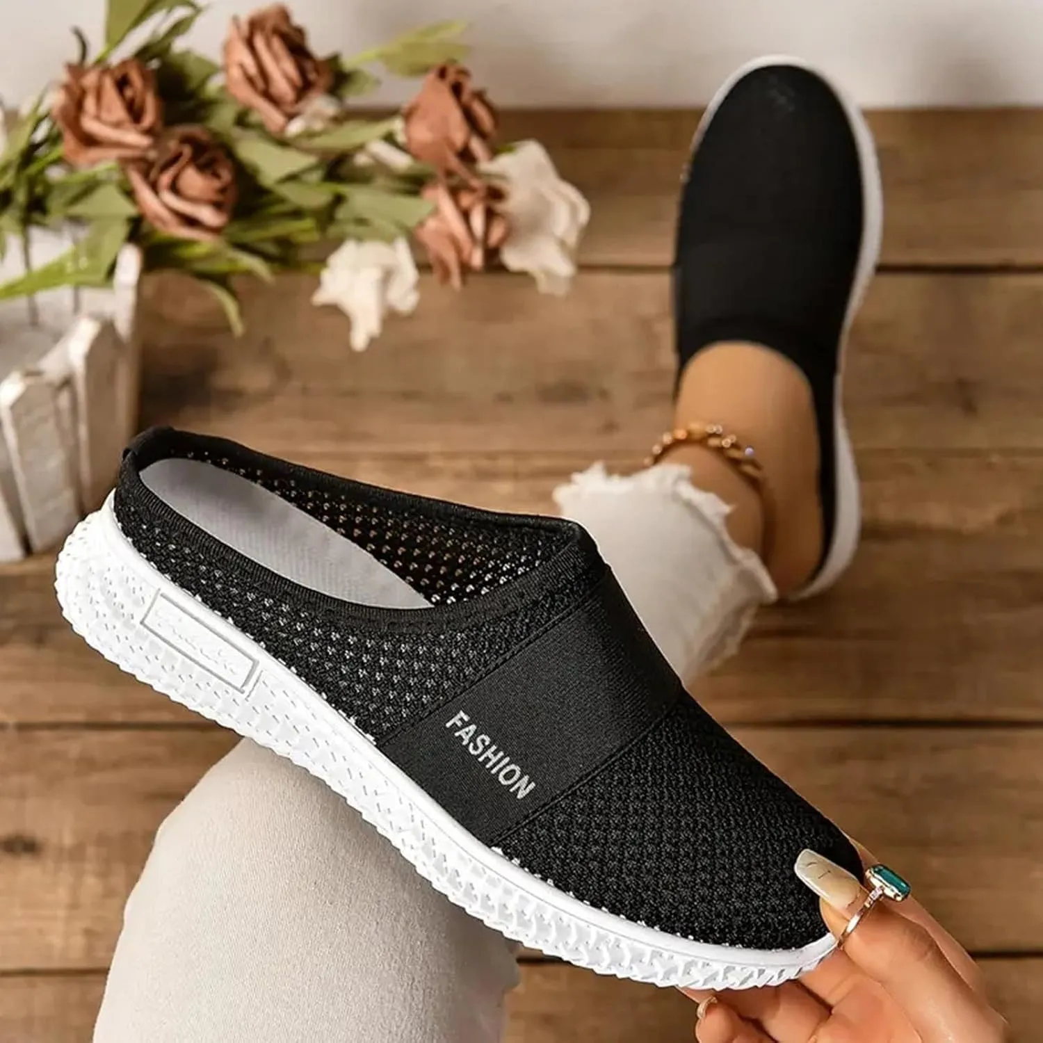 Women's Knitted Mesh Flat Mules Breathable Non-Slip Soft Soles Comfort Slip-on Slippers Open Back Shoes Closed Toe Wide Width Clogs Air Cushion Orthopedic Diabetic with Arch-Support Sandals