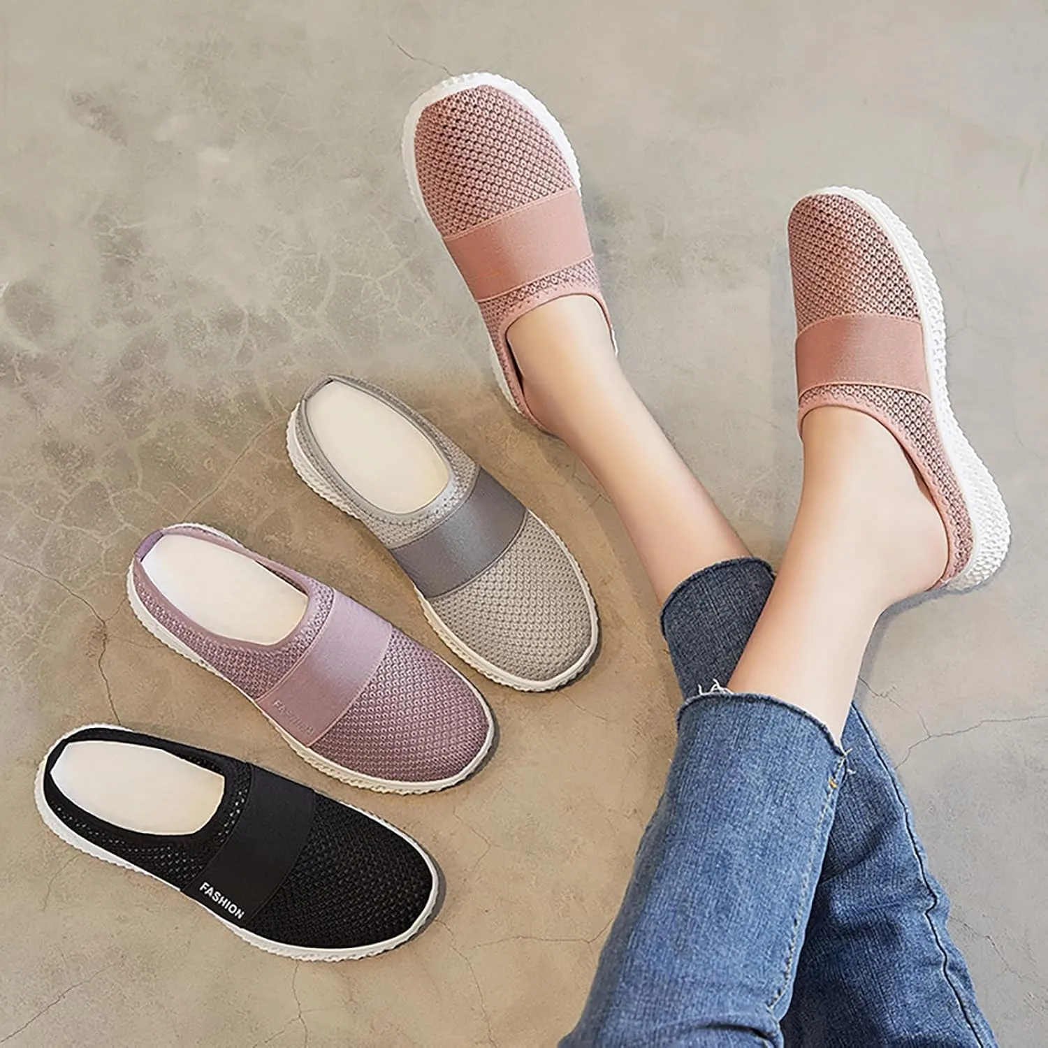 Women's Knitted Mesh Flat Mules Breathable Non-Slip Soft Soles Comfort Slip-on Slippers Open Back Shoes Closed Toe Wide Width Clogs Air Cushion Orthopedic Diabetic with Arch-Support Sandals