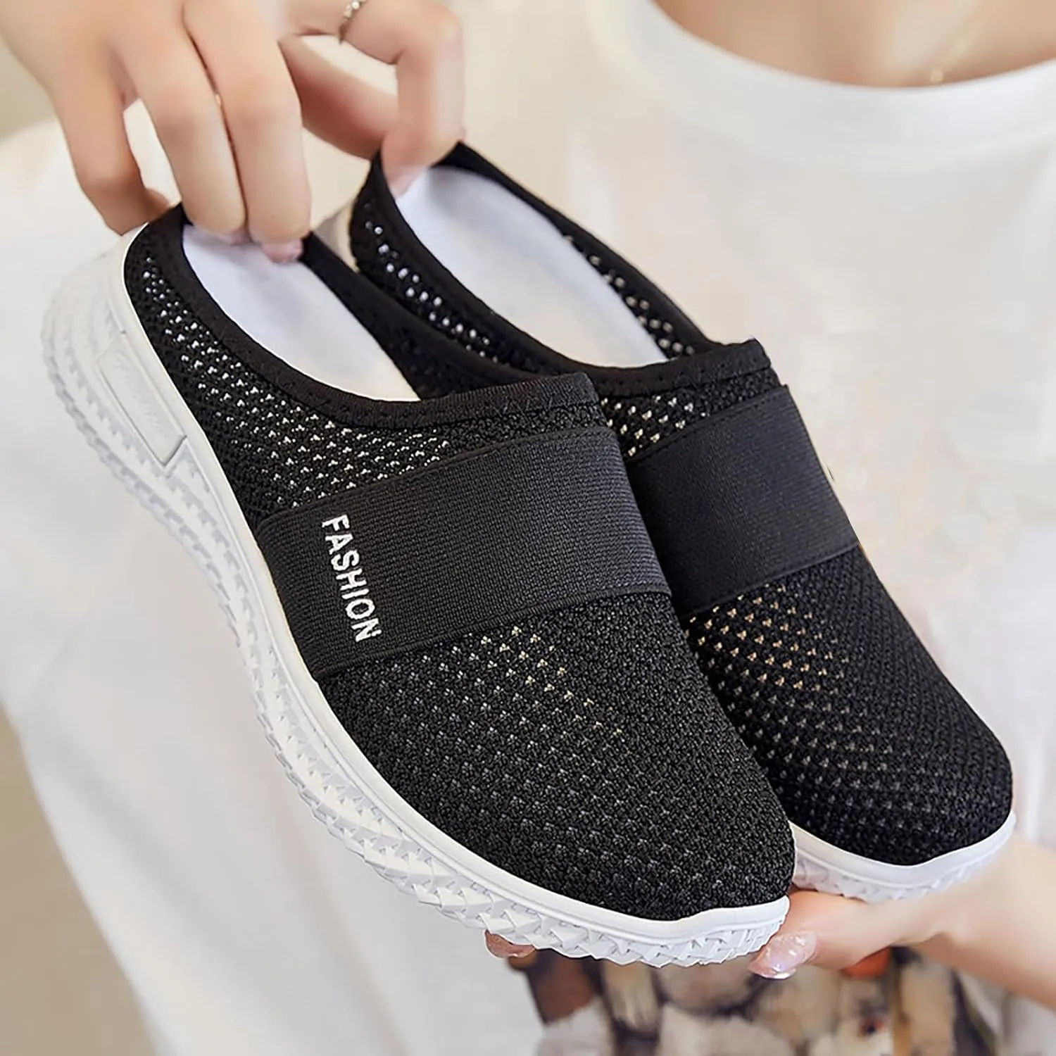 Women's Knitted Mesh Flat Mules Breathable Non-Slip Soft Soles Comfort Slip-on Slippers Open Back Shoes Closed Toe Wide Width Clogs Air Cushion Orthopedic Diabetic with Arch-Support Sandals