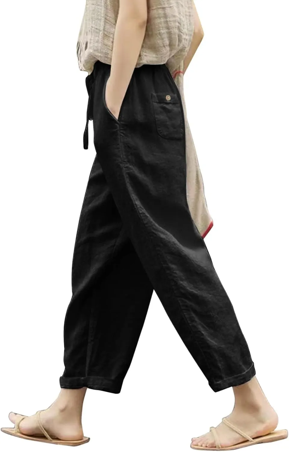Women's Linen Pants Summer Casual Loose Elastic High Waisted Wide Leg Quick Dry Beach Cropped Trousers with Pockets