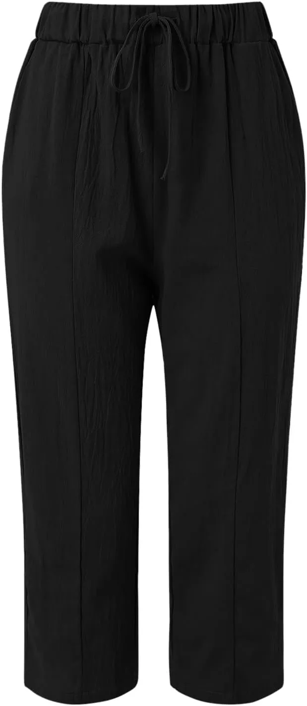 Women's Linen Pants Summer Casual Loose Elastic High Waisted Wide Leg Quick Dry Beach Cropped Trousers with Pockets