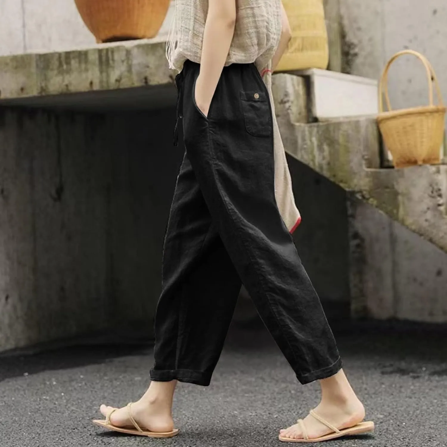 Women's Linen Pants Summer Casual Loose Elastic High Waisted Wide Leg Quick Dry Beach Cropped Trousers with Pockets