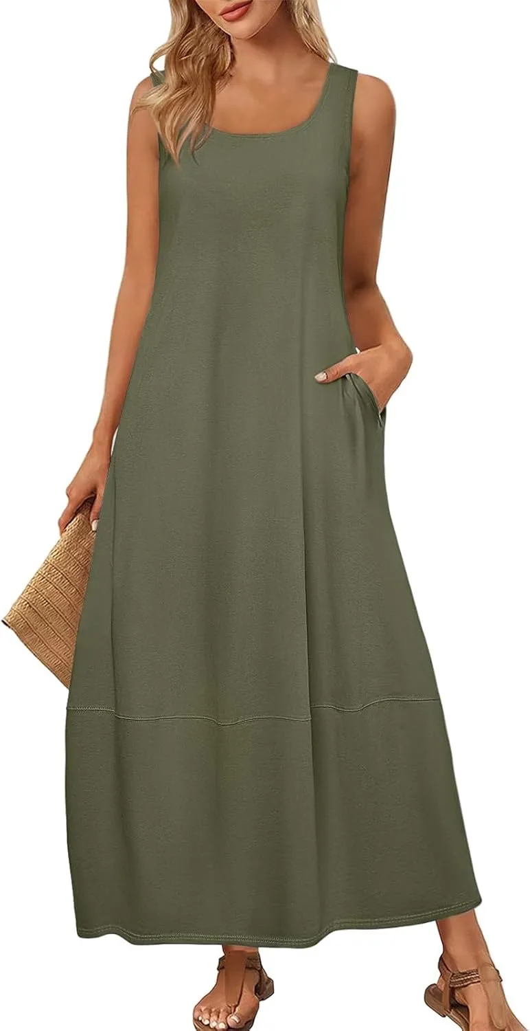 Women's Loose Casual Midi Cotton Dresses Sundress Sleeveless Beach Summer Trendy Tank Top Dress with Pockets