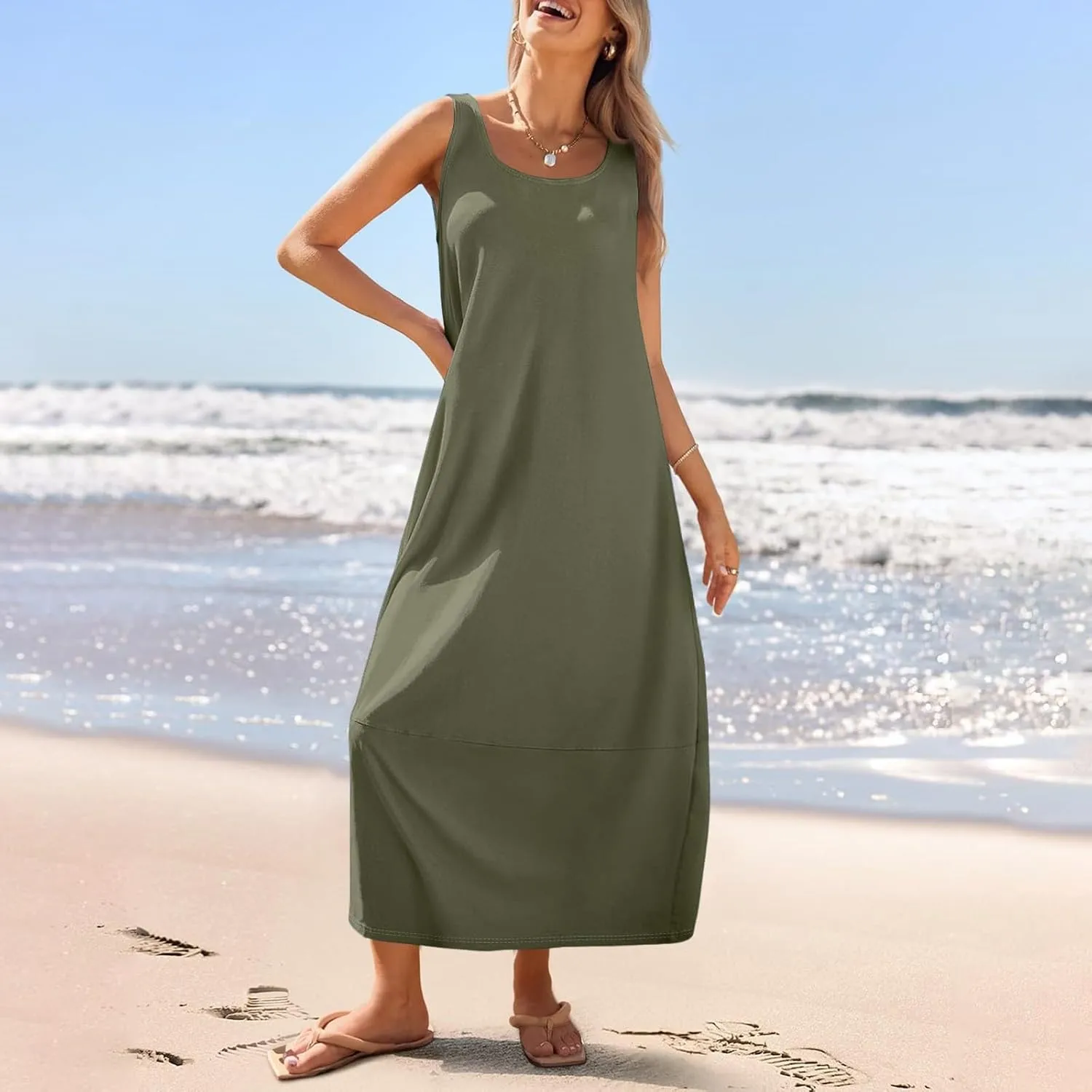 Women's Loose Casual Midi Cotton Dresses Sundress Sleeveless Beach Summer Trendy Tank Top Dress with Pockets